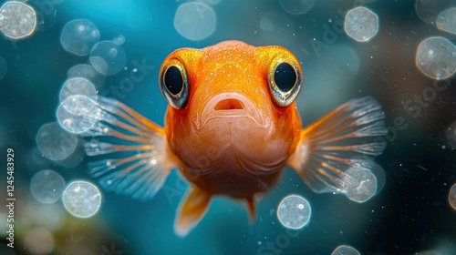 Orange fish swims towards camera in bubbly blue water photo