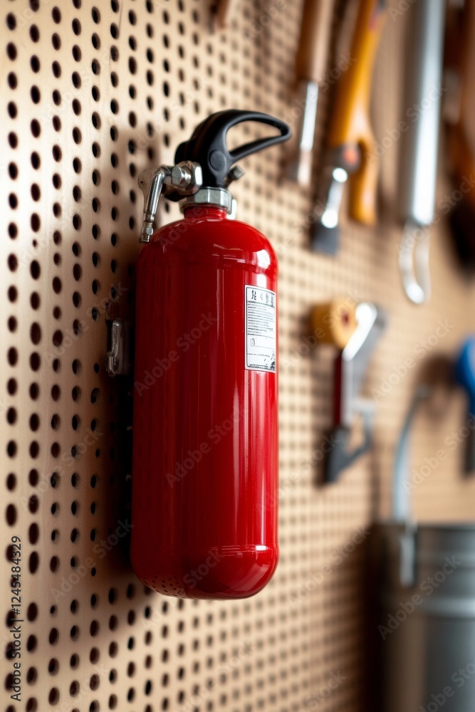 Warm Industrial Safety Red Fire Extinguisher with Textured Metal in Garage - Essential for Urban Development and Sustainable Public Safety Solutions Warm Industrial Safety Red Fire Extinguisher with Textured Metal in Garage - Essential for Urban Development and Sustainable Public Safety Solutions