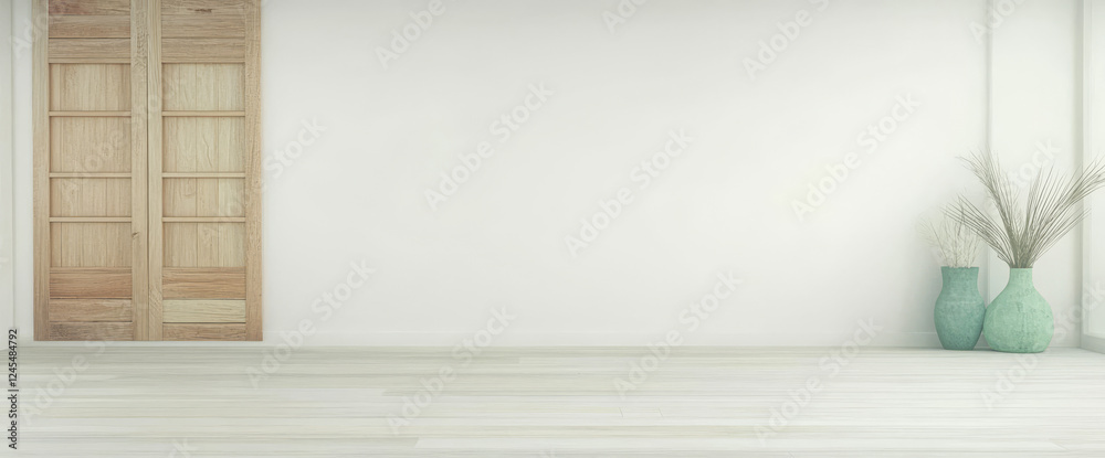 Fototapeta premium Minimalist interior design with wooden doors and decorative vases in a spacious room