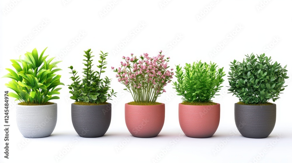 Set of artificial plants in flower pots isolated on white Set of artificial plants in flower pots isolated on white