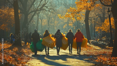 Full body shot of dedicated volunteers carrying large garbage bags after a successful park cleanup, highlighting community spirit in an autumn setting during Phase One project.