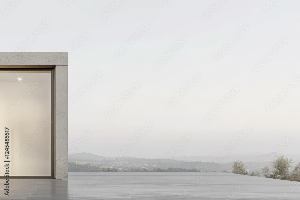 Modern building with expansive views of landscape during twilight hours Modern building with expansive views of landscape during twilight hours