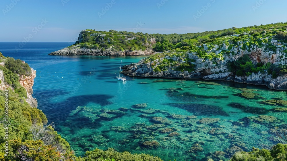 A captivating scenic coastal lagoon embraced by lush green cliffs and filled with crystal clear water. The lagoon presents a harmonious blend of natural beauty, with the verdant cliffs and transparent A captivating scenic coastal lagoon embraced by lush green cliffs and filled with crystal clear water. The lagoon presents a harmonious blend of natural beauty, with the verdant cliffs and transparent