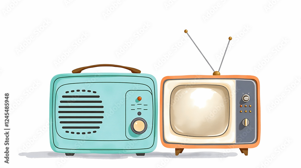 Obraz premium Vintage Television and Radio Set Retro Electronics Entertainment Media Technology Nostalgic Home Devices from 1950s