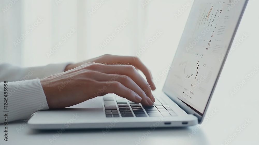 Hands typing on a laptop analyzing data with charts displayed on screen Hands typing on a laptop analyzing data with charts displayed on screen