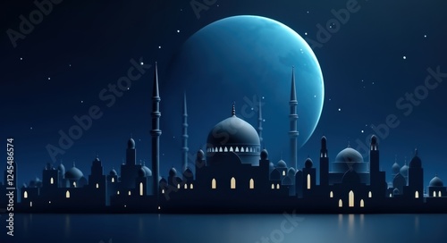 Enchanting Moonlit Mosque with Majestic Crescent and Starry Sky