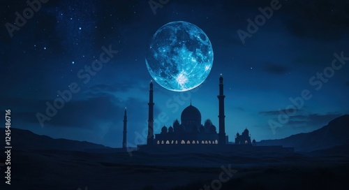 Enchanting Moonlit Mosque with Majestic Crescent and Starry Sky