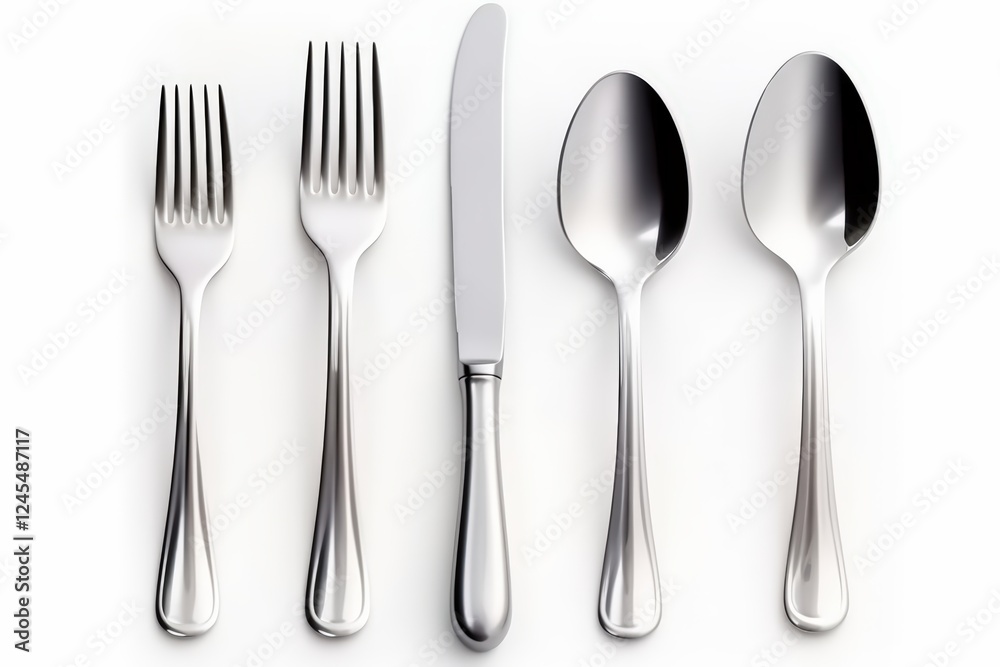 Elegant and Shiny Cutlery Set Featuring Forks, Knife, and Spoon Arranged Nicely on White Background for Modern Dining Experience Elegant and Shiny Cutlery Set Featuring Forks, Knife, and Spoon Arranged Nicely on White Background for Modern Dining Experience