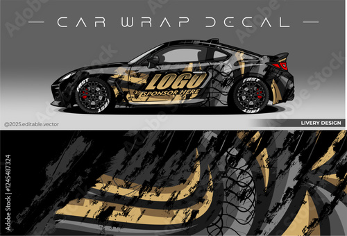 Car wrap abstract design. Black gold colour. Vector graphic livery decal car. Sticker vinyl suitable for Racing car, Drift, Rally and Daily Use, Editable vector 