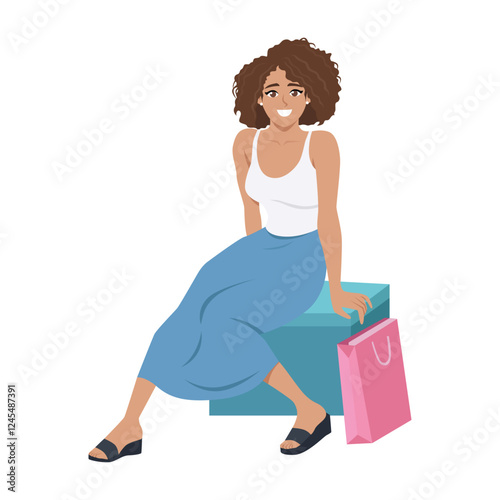 Shopper woman sitting on a box next to a shopping bag, enjoying a moment of rest. Flat vector character illustration
