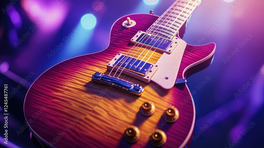Obraz premium A close-up of an electric guitar on stage with vibrant purple and blue concert lighting in the background.