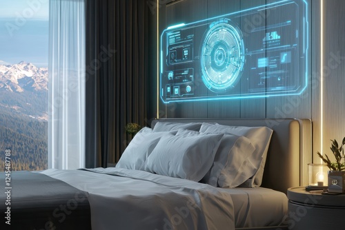 Peaceful bedroom equipped with bedside holographic security zone projections.