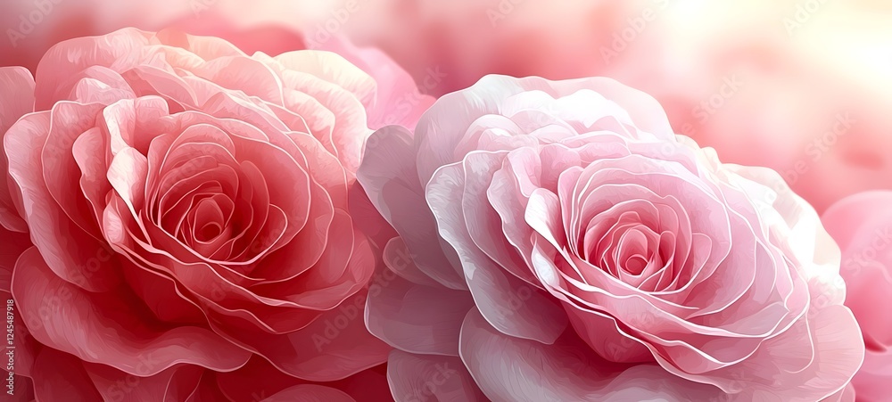 Close-up of two delicate pink roses, showcasing their soft petals and intricate details, creating a romantic and serene atmosphere filled with pastel hues. Close-up of two delicate pink roses, showcasing their soft petals and intricate details, creating a romantic and serene atmosphere filled with pastel hues.