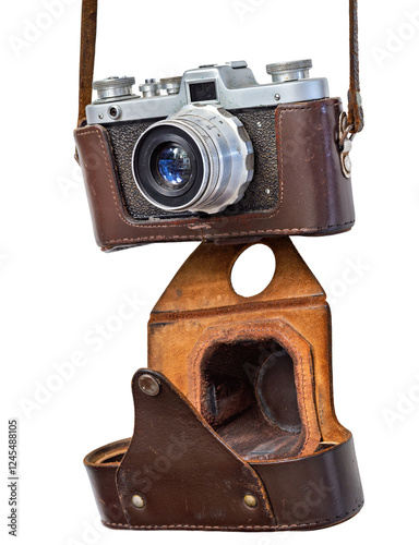Old single-lens reflex camera (SLR) isolated on a transparent background. Vintage photo camera with one objective lense