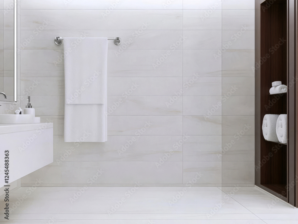 Obraz premium Modern bathroom with elegant design and clean lines featuring a towel rack and storage