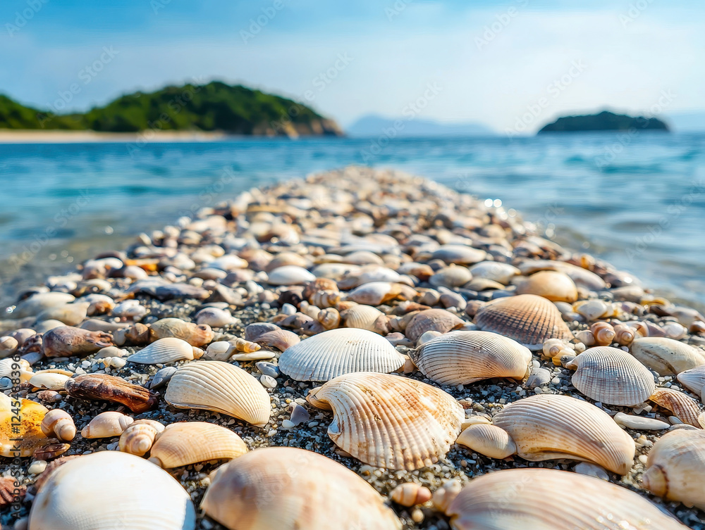 Seashell path leading to tropical beach with islands in background Seashell path leading to tropical beach with islands in background