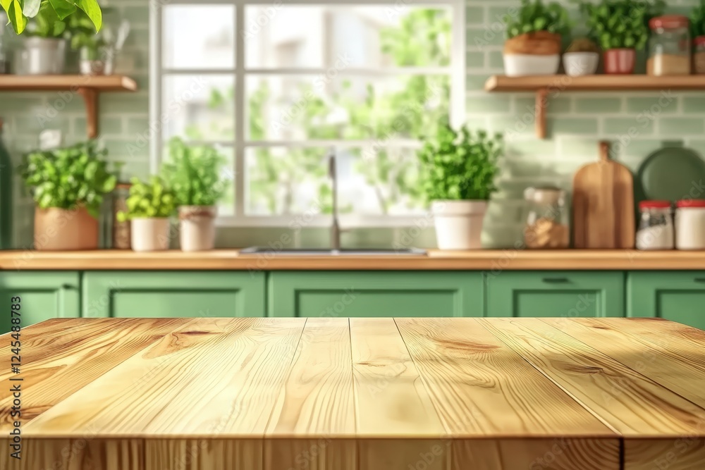 Wooden Table Top with Greenery Background in Modern Kitchen for Cooking and Dining Space Inspiration Wooden Table Top with Greenery Background in Modern Kitchen for Cooking and Dining Space Inspiration