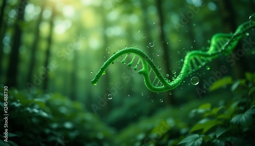 Stunning 3D Render of a Green DNA Strand in Lush Forest, Water Droplets, Nature, Science, Genetics, Biology, Life