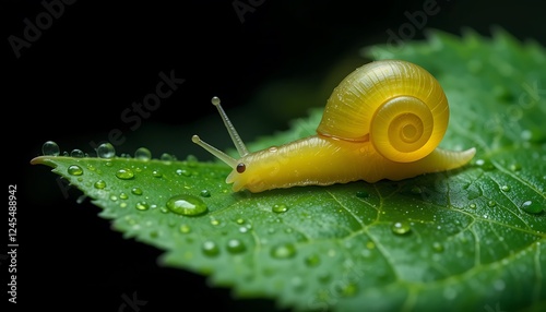 Close-up of a vibrant yellow snail crawling on a dewy green leaf in the dark, showcasing intricate details and textures.