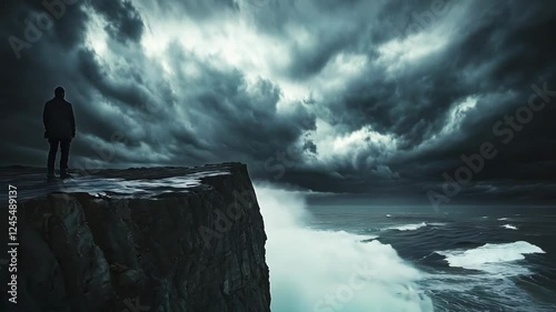 A solitary figure stands at the edge of a towering cliff, gazing out at the raging ocean beneath a dramatic storm-filled sky. The dark clouds, crashing waves, and vast seascape evoke a sense 