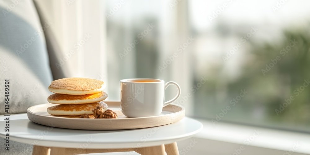 Scandi-Chic Brunch Display Stacked Pancakes and Tea in Minimalist Setting - Modern Dining Content and Creative Culinary Advertising Scandi-Chic Brunch Display Stacked Pancakes and Tea in Minimalist Setting - Modern Dining Content and Creative Culinary Advertising