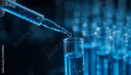 Close-up of a scientist using a pipette to add a blue liquid to a test tube in a laboratory setting, showcasing scientific research and experimentation.