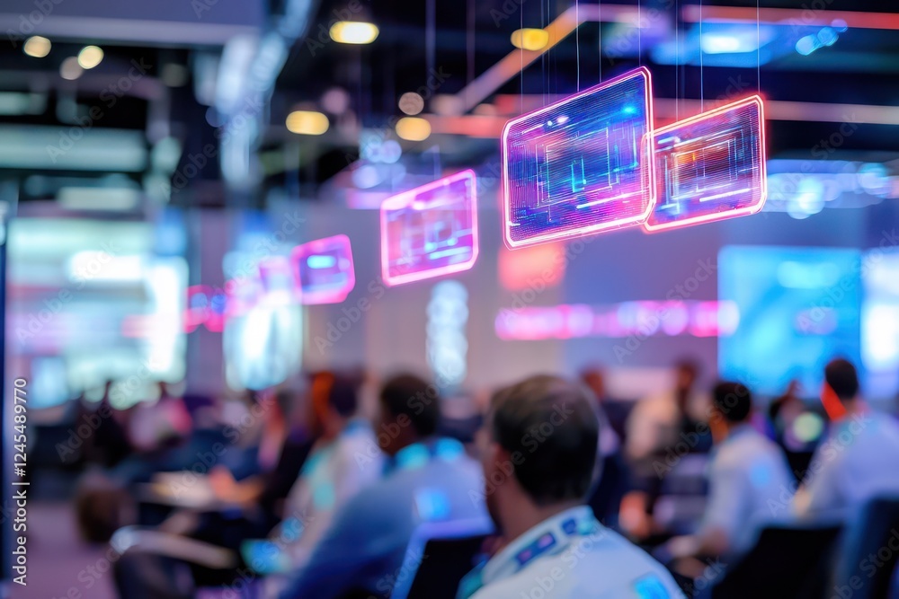Obraz premium Tech conference hall utilizes floating holographic name tags for attendee interaction.