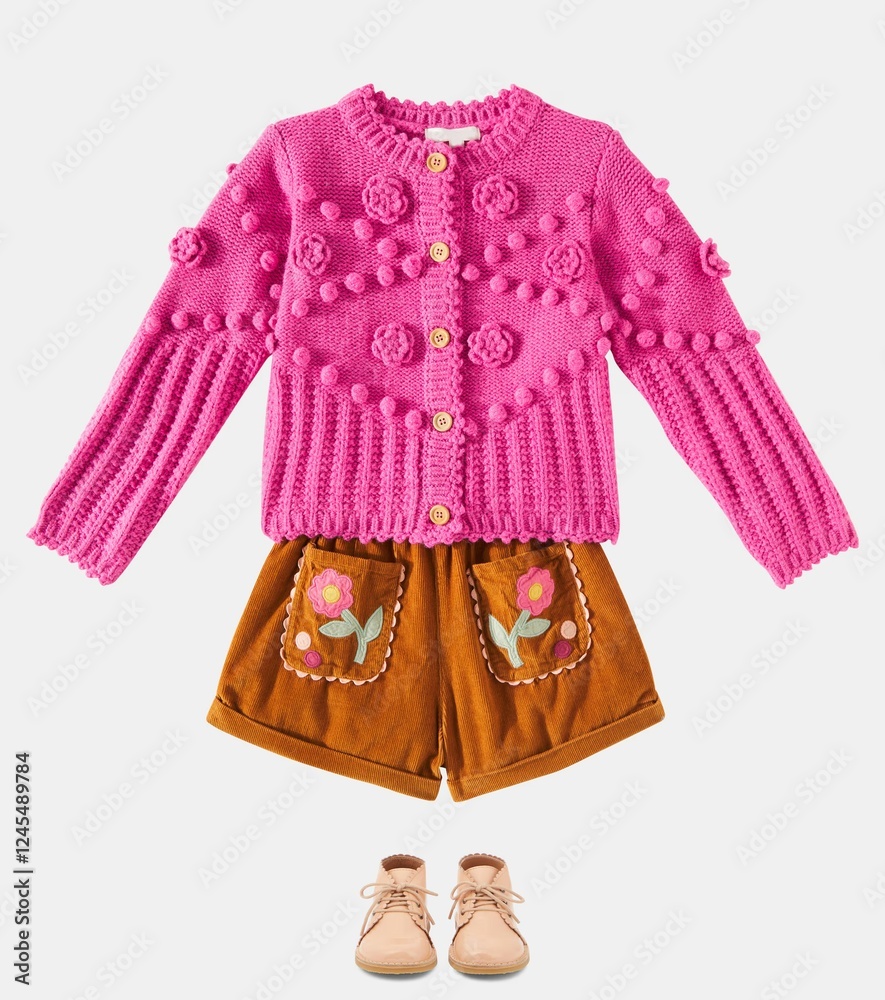 Fototapeta premium Sweater set featuring a pink knitted pom-pom textured cardigan with decorative buttons, paired with orange embroidered shorts and small ballet shoes