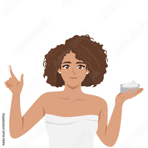 Woman wrapped in a towel, holds a jar of cream and a dab of product on her finger. Flat vector character illustration