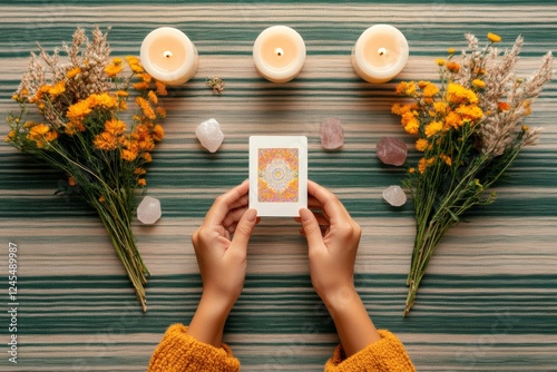 Bohemian Tarot Reading Setup Colorful Cards on Striped Textile with Candles and Crystals - Spiritual Wellness Content for Holistic Guidance and Mindful Living photo