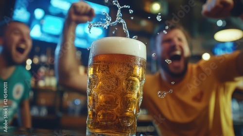 Splashing beer in the foreground and in focus. Sport, people, leisure, friendship and entertainment concept - happy football fans or male friends drinking beer and celebrating victory at bar or pub