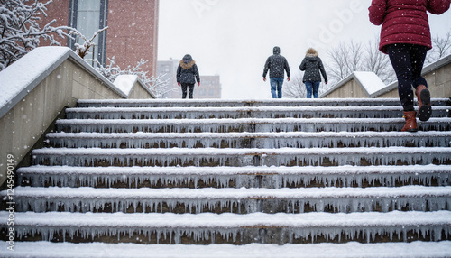 Pedestrians cautiously descending snowy steps, winter safety