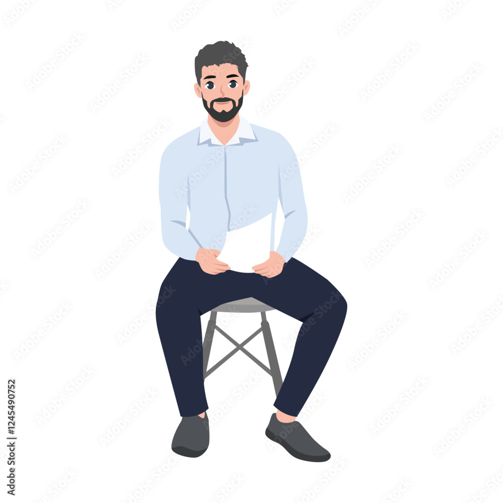 Man sitting on a stool, holding a piece of paper with a calm and focused expression. Flat vector character illustration Man sitting on a stool, holding a piece of paper with a calm and focused expression. Flat vector character illustration