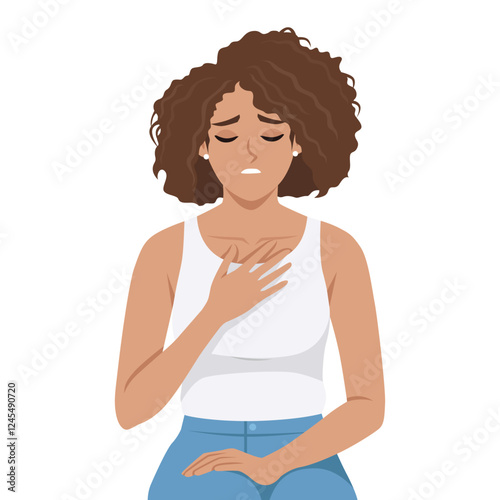 Emotional Distress. Woman with a pained expression places her hand on her chest. Flat vector character illustration