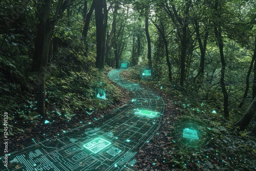 Fototapeta Naklejka Na Ścianę i Meble -  Eco-monitoring data visualized through AR holograms on a forest trail.