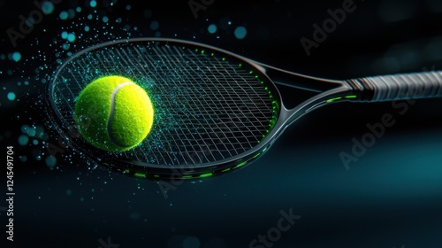 Tennis racket forcefully meeting a high speed green tennis ball generating a dramatic ripple effect and splash in a dark moody atmosphere photo