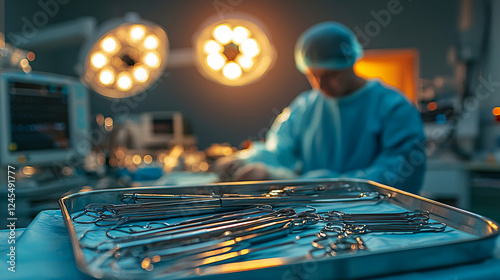 The doctor in the background is blurred while the focus is on the clean and ready-to-use surgical instruments, arranged neatly on a sterile tray. The metallic sheen of the instruments reflects the sof photo