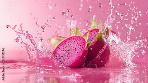 Creative layout made from Dragonfruit or Pitaya and Water splashing on a pink background photo