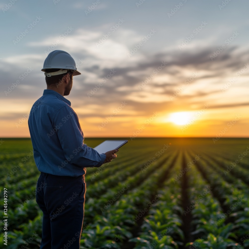 Tech-Optimized Farming Engineer with Tablet in Vibrant Cornfield at Sunset - Smart Agriculture and Data Analysis for Efficient Crop Management Tech-Optimized Farming Engineer with Tablet in Vibrant Cornfield at Sunset - Smart Agriculture and Data Analysis for Efficient Crop Management