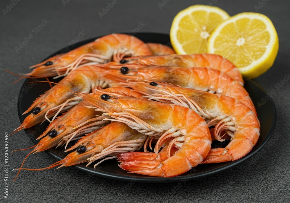 boiled shrimps in a plate served with lemon boiled shrimps in a plate served with lemon