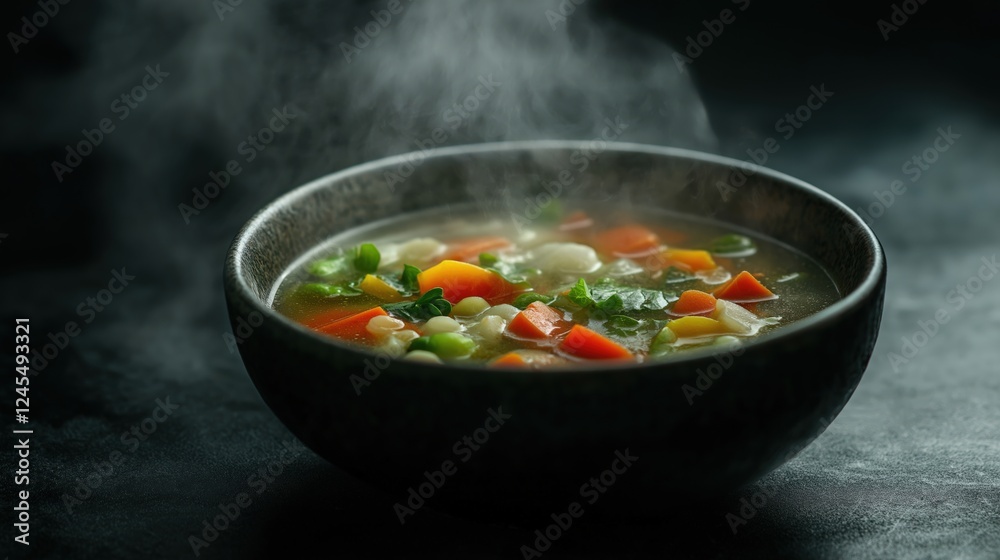Vegetable soup in a bowl with steam on a dark background Vegetable soup in a bowl with steam on a dark background