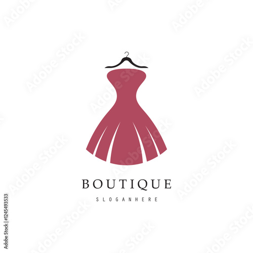 Boutique fashion logo. Mannequin dress and handbag on pink background.Women's clothing logo with hanger, luxury clothes.Logo for business,boutique,fashion shop,model,shopping and beauty.