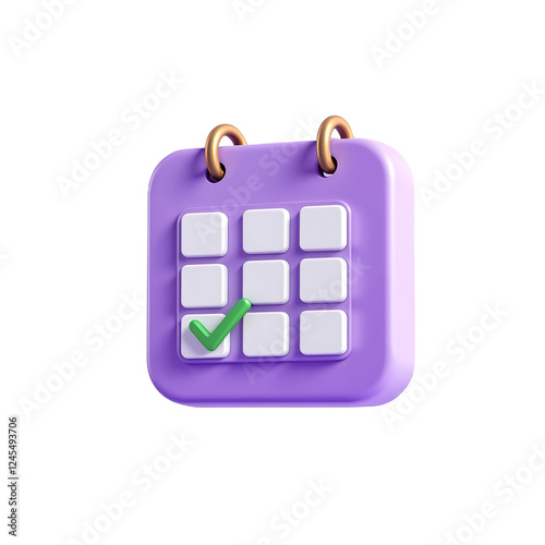 Purple calendar icon with a white grid layout and a green checkmark on a date box, suspended against a light purple background. Simple, modern design for easy task tracking or scheduling. photo