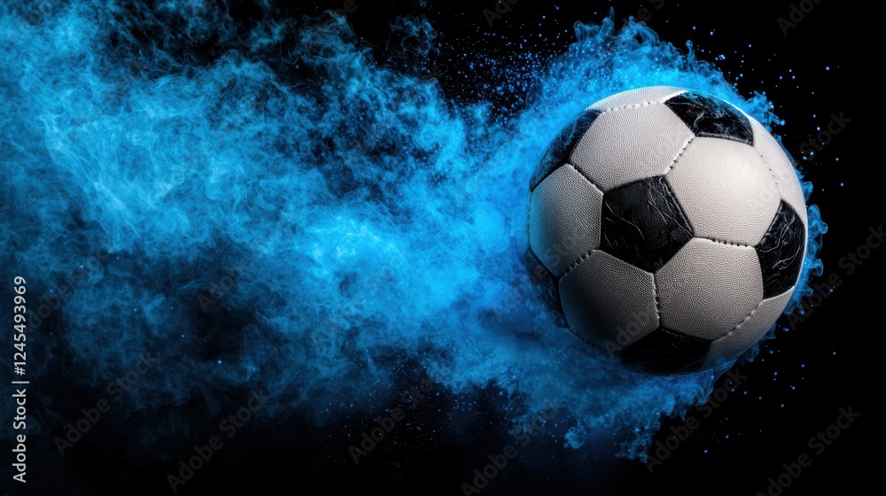 Naklejka premium Rushing Football or Soccer Ball Glowing and Moving Quickly through the Air Towards the Goal on a Sports Field or Stadium