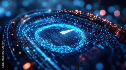 Abstract digital speedometer with glowing particles.