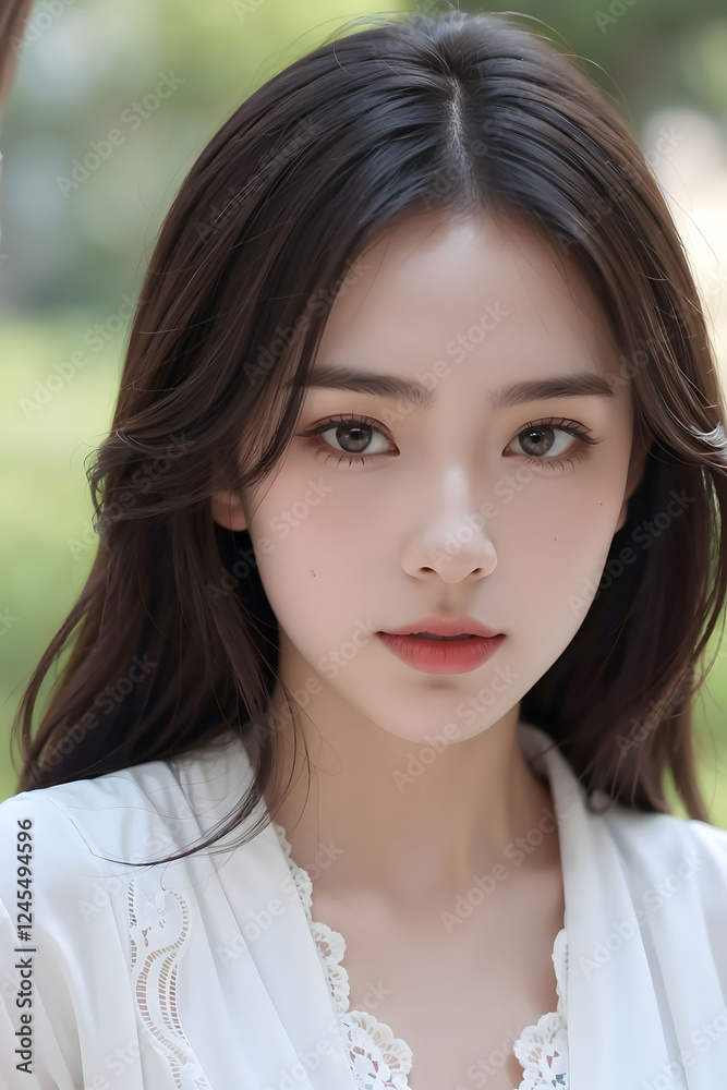 Young Asian woman in a lace dress in forest, looking at the camera, soft lighting Young Asian woman in a lace dress in forest, looking at the camera, soft lighting