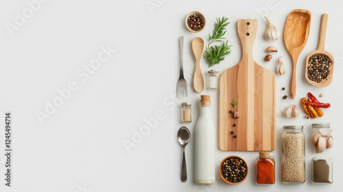 Wallpaper Mural minimalist kitchen setup featuring utensils, spices, and herbs arranged neatly on light background, creating serene cooking atmosphere Torontodigital.ca