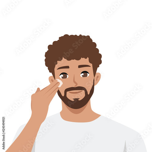 Young man applying skincare cream to his face with a gentle smile. Flat vector character illustration