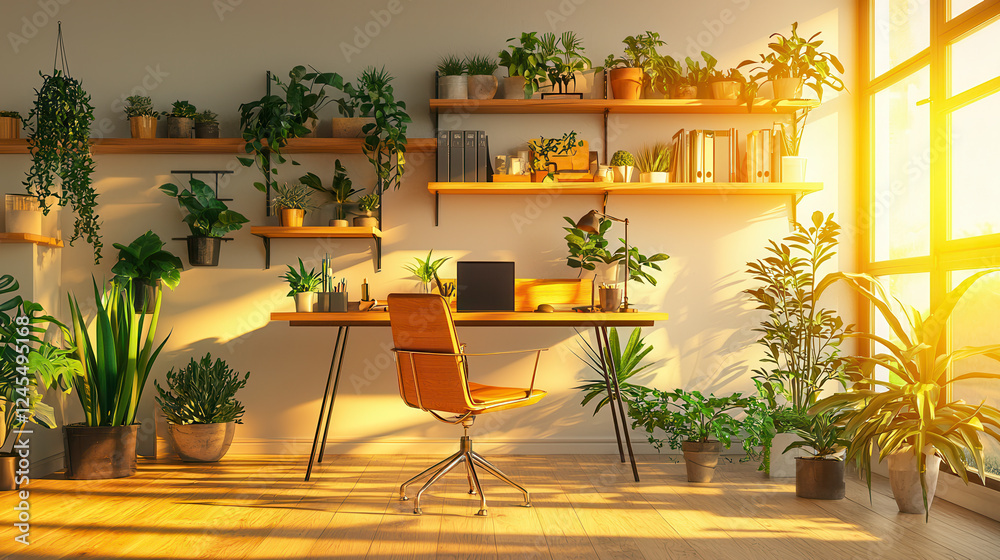 Obraz premium modern home office setup with wooden desk, chair, and various plants, illuminated by warm sunlight