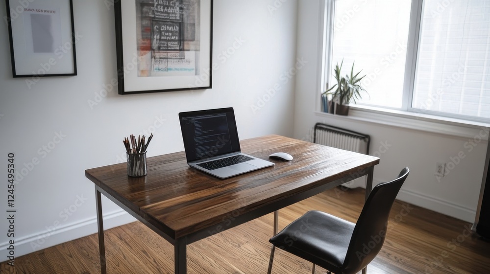 Fototapeta premium Modern Minimalist Workspace with Wooden Desk and Laptop in Bright Room Featuring Contemporary Artwork on Wall Perfect for Productivity and Aesthetic Inspiration